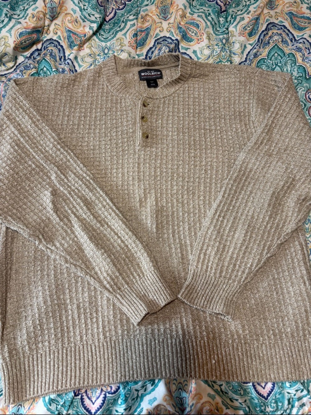 Woolrich Men's Tan Crewneck Henley Knit Sweater